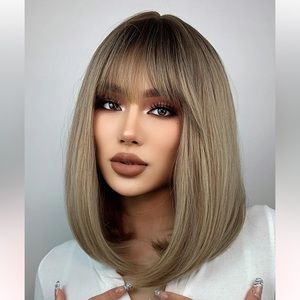 Women's 18-inch Natural Brown Straight Wigs With Bangs Gorgeous